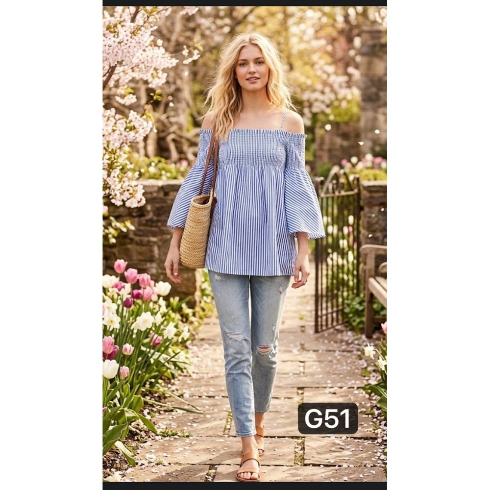 Zara Blue & White Striped Off-the-Shoulder Top Smocked Bell Sleeve Boho Sz XS